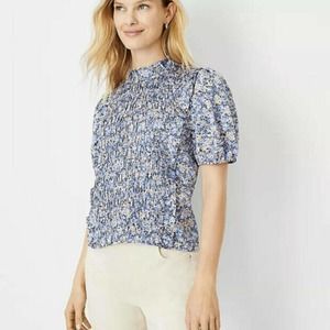 Ann Taylor Blue Floral Smocked Blouse XL